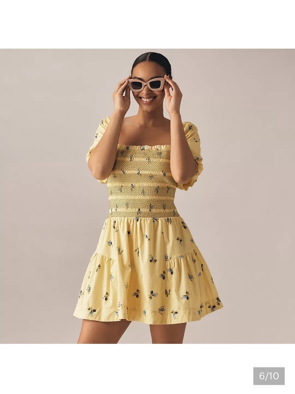 Anthropologie Puff Sleeve Square neck Smocked Mini Dress Large Yellow NWT - Picture 7 of 9